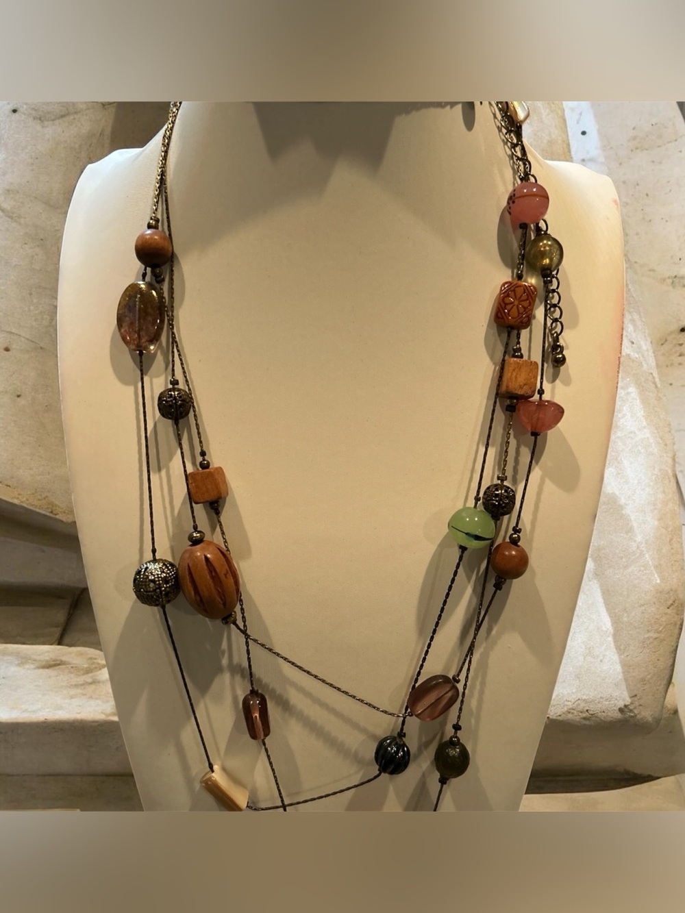 Lia Sophia Multi-Strand Boho Bead Necklace in Brown and Green